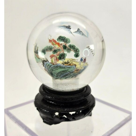 Vintage Chinese Hand-Painted Glass Globe Paperweight Black Base Vintage je219 - Picture 1 of 8